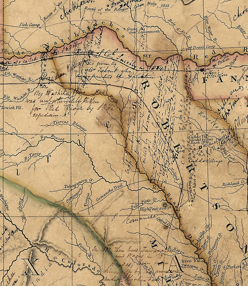 May include: A detailed, antique map with handwritten annotations and geographical features. The map features rivers, trails, and place names, including "Comanche Trail" and "Red River." The color palette is muted, with shades of tan, brown, and faded red.