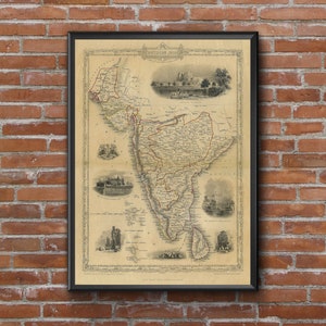May include: An antique map of Southern India, printed in black and white with red and yellow accents. The map shows the different regions of Southern India, including the cities of Madras, Bangalore, and Hyderabad. The map is framed in a black frame.