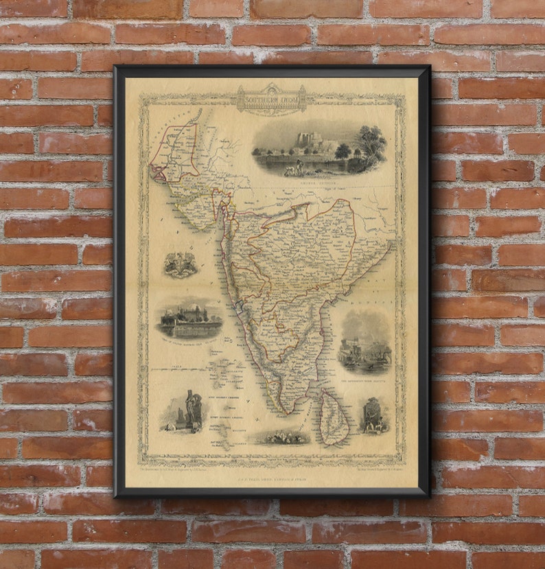 May include: An antique map of Southern India, printed in black and white with red and yellow accents. The map shows the different regions of Southern India, including the cities of Madras, Bangalore, and Hyderabad. The map is framed in a black frame.