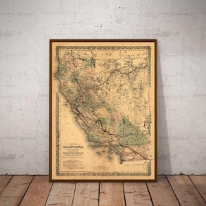 1876 mapa antiguo de California, cartel del mapa de California, impresión de mapas de California, decoración de California, mapa histórico, impresión histórica, regalo de California