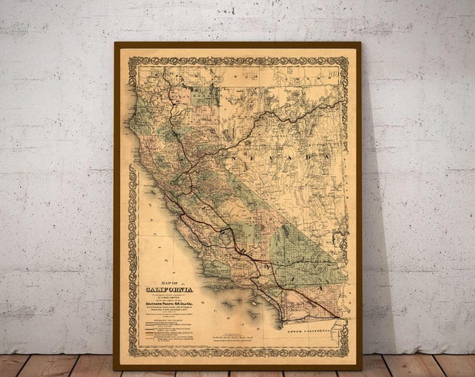 1876 old map of California, California Map poster, California Map Print, California Decor, Historical Map, Historical Print, California gift