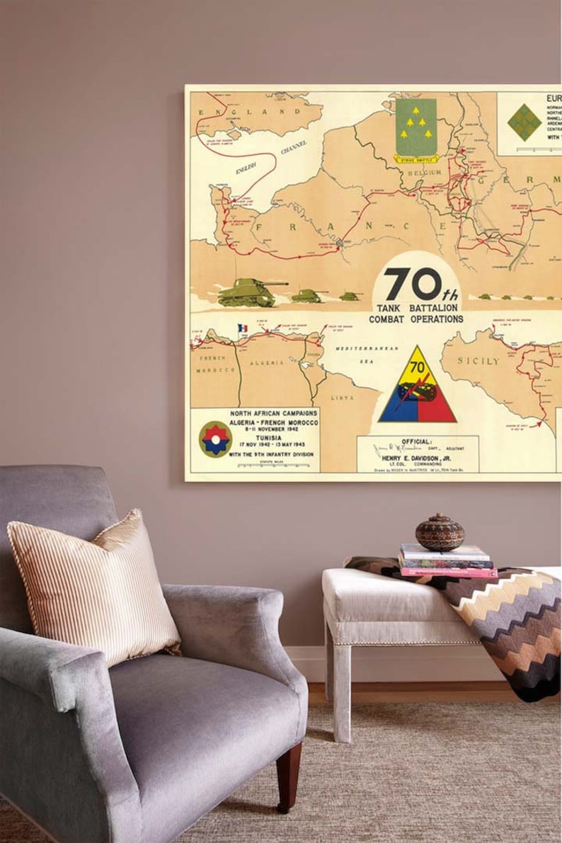 May include: A vintage map showing the combat operations of the 70th Tank Battalion during World War II. The map shows the battalion's movements in Europe and North Africa, including campaigns in Algeria, French Morocco, Tunisia, and Sicily. The map is titled "70th Tank Battalion Combat Operations" and includes the text "Official" and "Henry E. Davidson, Jr. Commanding."