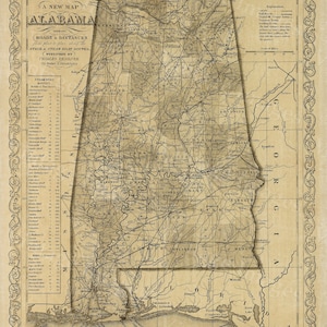 Carte de l'Alabama, ancienne carte de l'Alabama, style décorateur, restauration ancienne, grande carte murale de l'Alabama, décoration d'intérieur, impression d'art de bureau