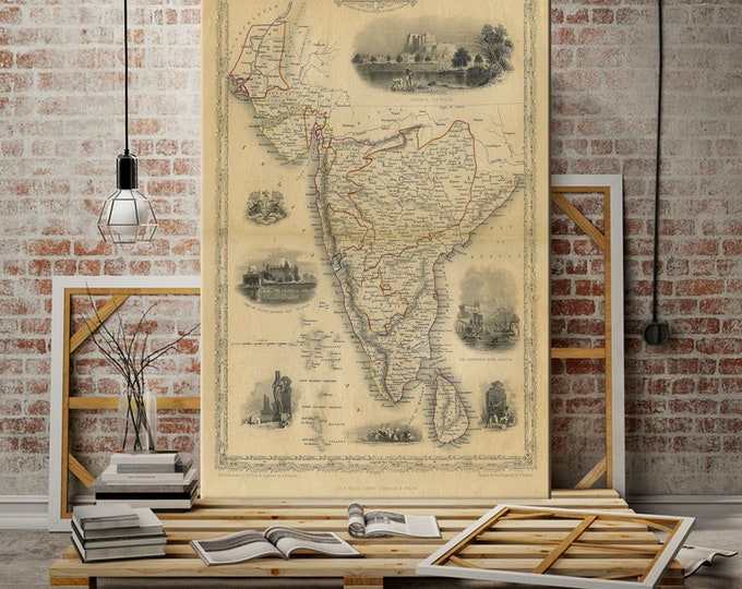 Old Map of india 1851 Southern Old India Map Indian Wall Decor Bombay Madras Decorative Map Old World Style Map India Housewarming gift art