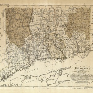 May include: An antique map of Connecticut, showing the state's counties and towns. The map is printed in black and white on a cream-colored paper. The map is titled "Connecticut" and includes the text "County by Carl Norman, 1819" and "Verzeichniss der Staaten."