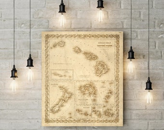 Hawaii map 1856 old map of Hawaii Hawaiian islands map Vintage Old World coastal Living wall chart Sandwich Islands Map Housewarming Gift