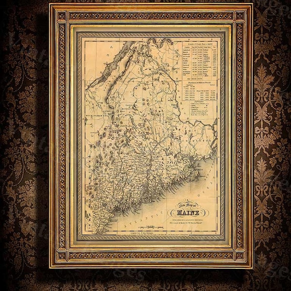 Map of Maine 1846 Old Maine Map Old Historic Map of Maine Antique Restoration Style Maine state Wall Map home office decor housewarming gift