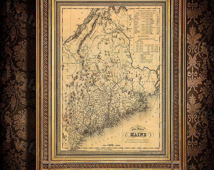 Map of Maine 1846 Old Maine Map Old Historic Map of Maine Antique Restoration Style Maine state Wall Map home office decor housewarming gift