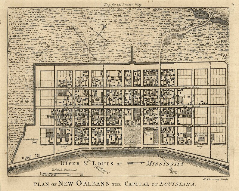 May include: A black and white map of New Orleans, Louisiana, showing the city's layout and streets. The map is titled "Plan of New Orleans the Capital of Louisiana." and includes the text "River St. Louis or Mississippi."