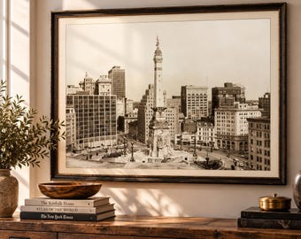 old Indianapolis Photo, Indianapolis Skyline photo, Monument Circle, Indiana art print, Indianapolis City Scene. Downtown Image largest size