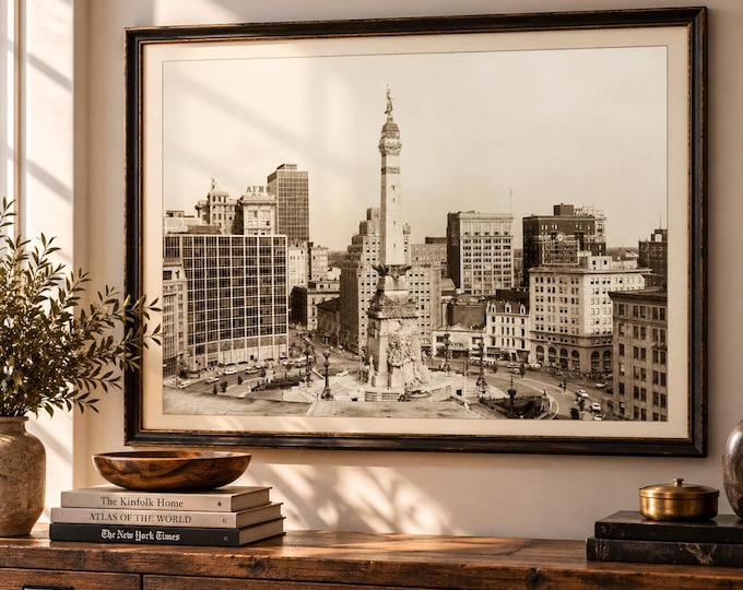 old Indianapolis Photo, Indianapolis Skyline photo, Monument Circle, Indiana art print, Indianapolis City Scene. Downtown Image largest size