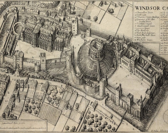 Windsor Castle map 1658 Historic bird's-eye of Windsor Castle  Antique  wall Map Antique map wall Decor map art