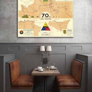 May include: A vintage map showing the combat operations of the 70th Tank Battalion during World War II. The map shows the battalion's movements across North Africa, Europe, and Sicily. The map is titled "70th Tank Battalion Combat Operations" and includes the text "OFFICIAL" and "HENRY E. SANDERSON, JR."