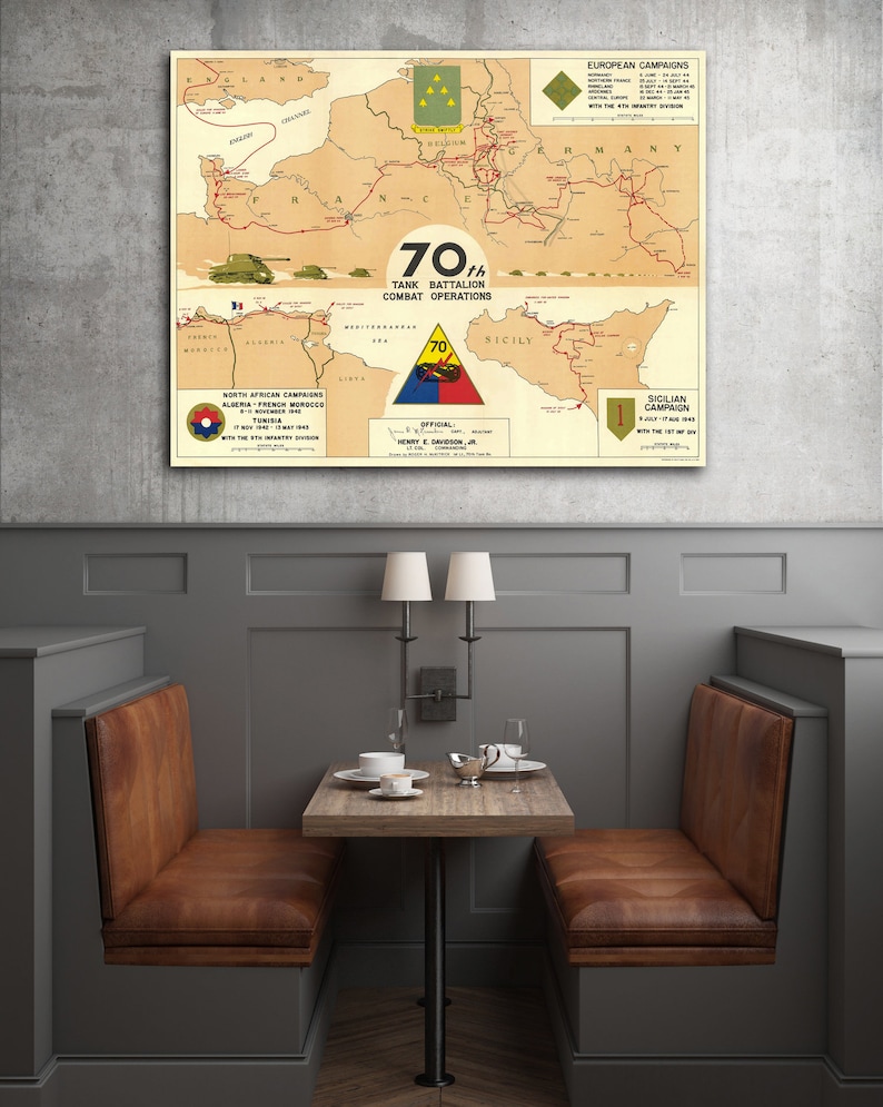 May include: A vintage map showing the combat operations of the 70th Tank Battalion during World War II. The map shows the battalion's movements across North Africa, Europe, and Sicily. The map is titled "70th Tank Battalion Combat Operations" and includes the text "OFFICIAL" and "HENRY E. SANDERSON, JR."