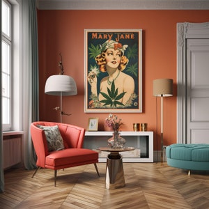 Pu&ograve; includere: Un poster in stile vintage con una donna con un cappello e una pianta verde, con il testo "Mary Jane" in grassetto.
