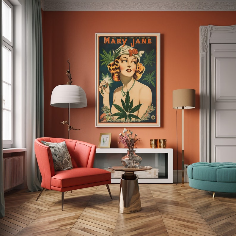 Pu&ograve; includere: Un poster in stile vintage con una donna con un cappello e una pianta verde, con il testo "Mary Jane" in grassetto.