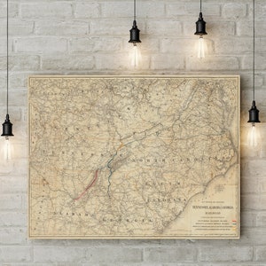 1892 Map of Tennessee Georgia Alabama South Carolina Kentucky Railroad Wall Map of Georgia Office Decor Atlanta Rustic map Engagement Gift