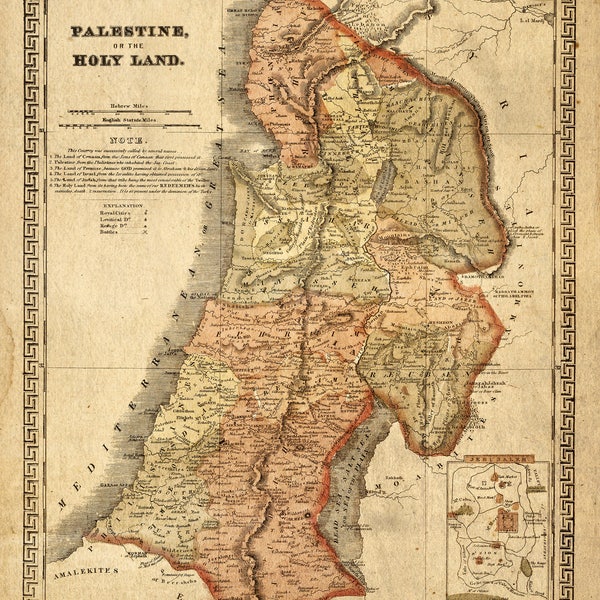 Holy Land map 1865 Map of Palestine Biblical Regions Antique Restoration decorator Style Jerusalem Wall Map Vintage Map Home Decor Gift Idea