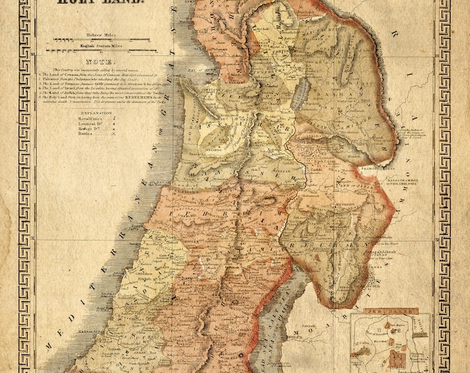 Holy Land map 1865 Map of Palestine Biblical Regions Antique Restoration decorator Style Jerusalem Wall Map Vintage Map Home Decor Gift Idea