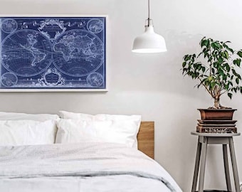 Blue world Map 1720 Old World Map, wall art, Historic Map Antique Style map art Guillaume de L'Isle mappe monde Map Vintage Map Home Decor
