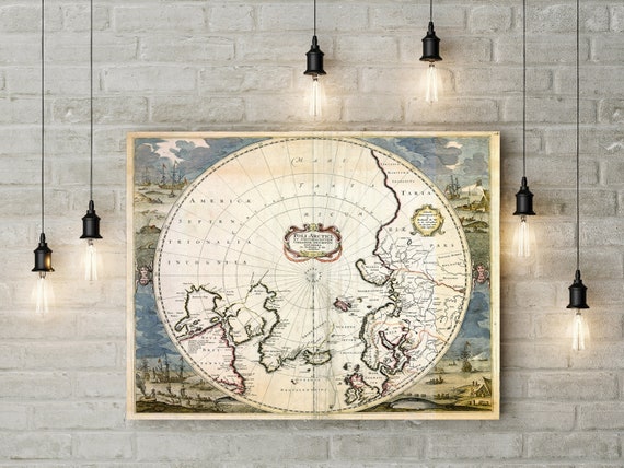 North Pole Map Old World Map of Arctic Circle Vintage Polar - Etsy