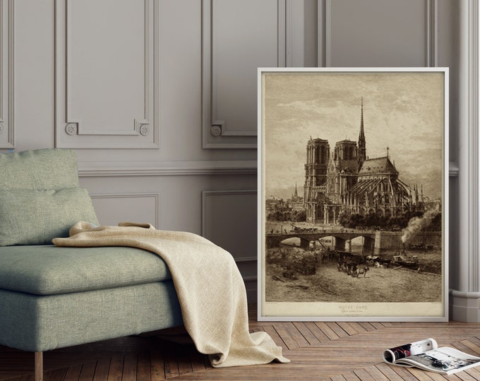 Notre Dame Iconic image architecture Old World Etching Style wall art Historic Notre Dame art Eglise Cathedrale de Paris Fine Art print