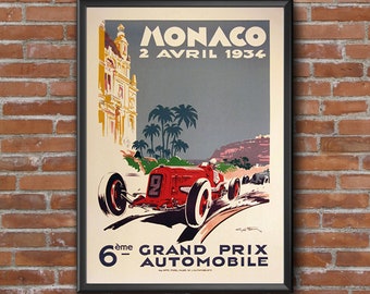 Monaco 1934 Grand Prix Vintage Poster, Race Car Wall Art Print, Race Fan Gift, Executive Office decor , Large Monaco Motor Racing Wall Decor