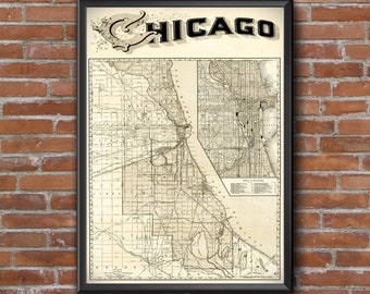 1897 Vintage Chicago Railroad Map: Old Map of Chicago for Train Lovers, Housewarming gift idea, New Windy City Home Owner gift Map Decor