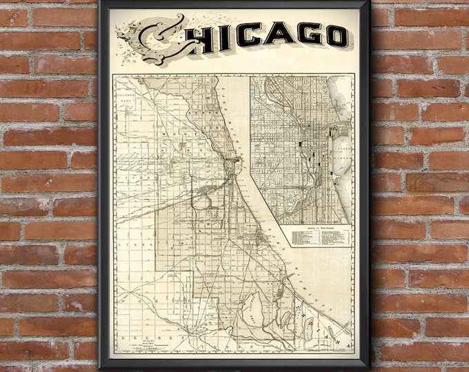 1897 Vintage Chicago Railroad Map: Old Map of Chicago for Train Lovers, Housewarming gift idea, New Windy City Home Owner gift Map Decor