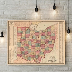 Carte vintage de 1874 de la reproduction de l’Ohio - Un cadeau de pendaison de crémaillère parfait pour les amateurs d’histoire - Ohio Living Home Decor