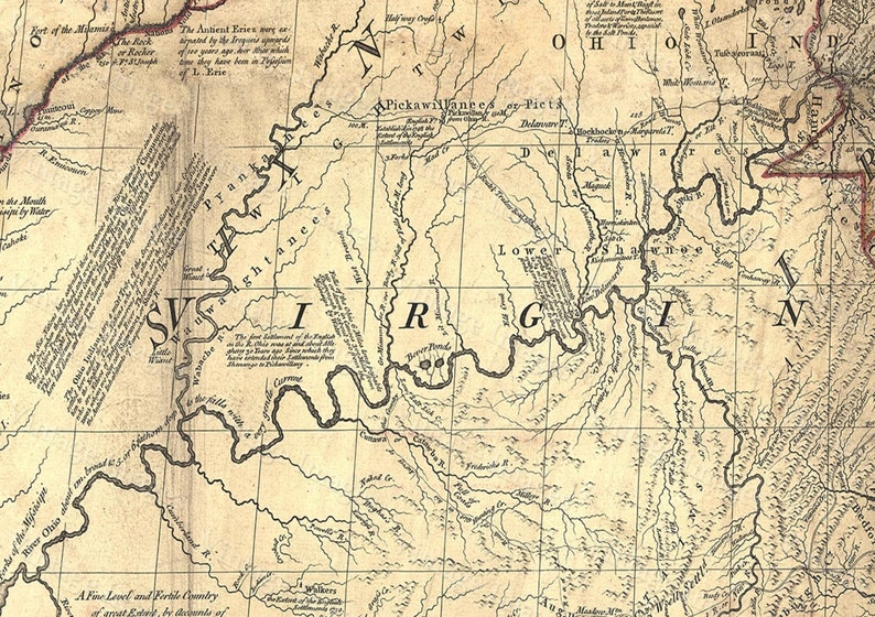 May include: A vintage map of the Ohio River Valley, showing the geographic features of the region. The map is hand-drawn and features a detailed network of rivers and streams. The text on the map includes the names of various locations and geographic features, such as "Pickawillanee" and "Lower Shawnee".
