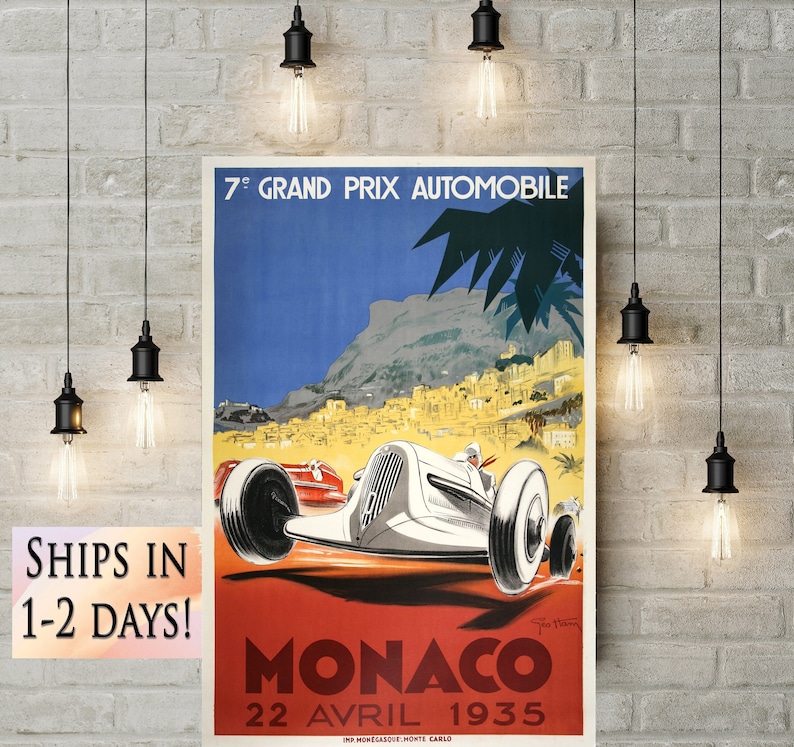 Vintage race car poster 1935 Monaco Grand Prix Poster, Race Fan Gift, Fine Art Print, Formula 1 racing poster print, Wall Decor Gift for him image 1