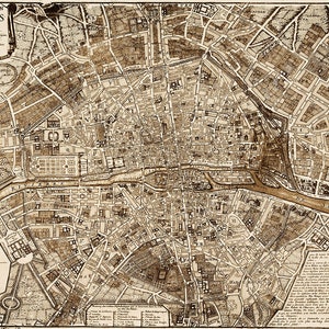Mapa vintage de Paris Impressão 1705 Mapa do velho mundo de Paris França Mapa de ruas Belas artes Imprimir papel ideia de presente de primeiro aniversário para amantes franceses