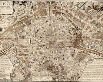 Vintage Paris Map Print 1705 old world Map of Paris France Street map fine art Print paper first anniversary gift idea for French lovers