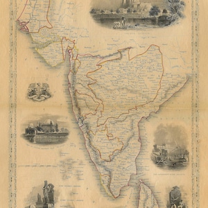 Antiguo mapa de la India 1851 Sur Vieja India Mapa de la pared india Decoración Bombay Madras Decorativo Mapa del Viejo Mundo Estilo Mapa India Casawarming arte de regalo