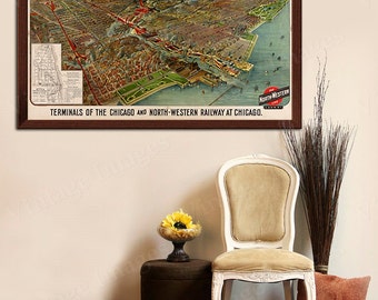 Old map of Chicago (1902) Chicago Railroad map, Chicago Map,   Vintage Railway map, Large Chicago wall Map wall art