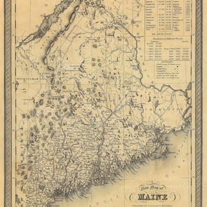 1846 Vieille carte du Maine, Vieille carte historique du Maine Antique Style Maine état Mur Carte maison bureau décor maine pendaison de crémaillère cadeau vie côtière