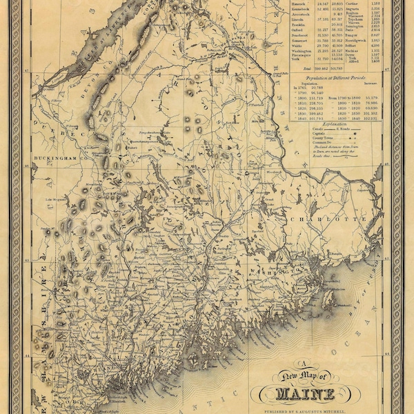 1846 Old Maine Map, Historic Old Map of Maine Antique Style Maine state Wall Map home office decor maine  housewarming gift coastal living