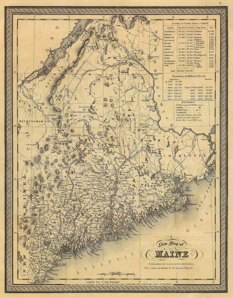 Map of Maine 1846 Old Maine Map Old Historic Map of Maine Etsy
