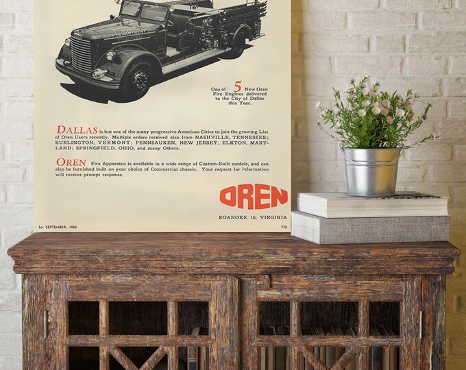 Fire Engine Poster Print Fire Truck wall art 1953 Dallas Fire Department Ad vintage decor Dallas Firefighter Gift Texas Gift