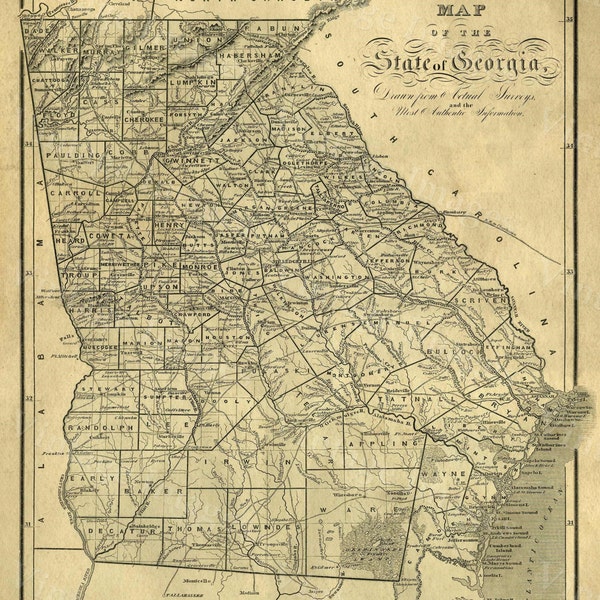 Georgia map Antique map of Georgia Antique Restoration decorator Style Map of Georgia Large Old Georgia Wall Map Home Decor Office wall art