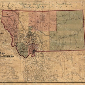 Stara mapa Montany, mapa Montany Terytorium MONTANY SZTUKA 1871 Antyczny wystrój restauracji Styl Montany Mapa ścienna Vintage dekoracja domu