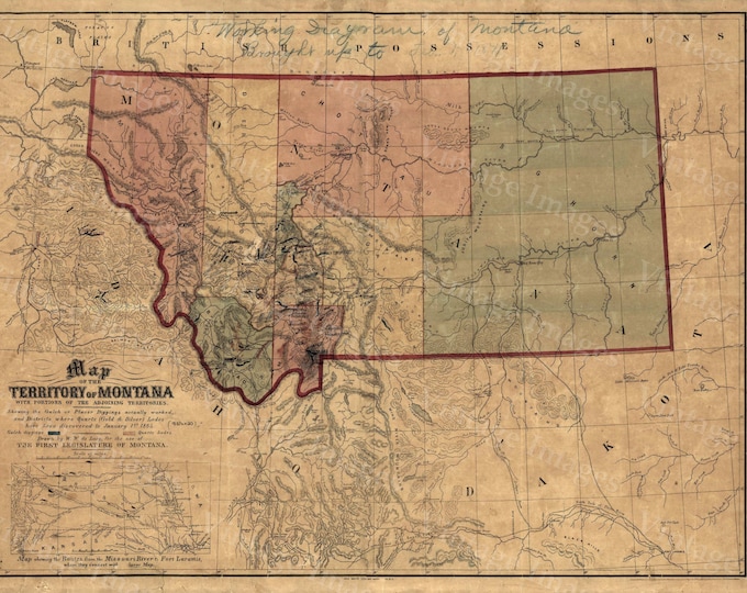 Old Map of Montana, Montana map Territory of MONTANA ART 1871 Antique Restoration decor Style Montana Wall map Vintage wall home decor