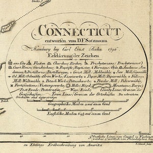 May include: A vintage map of Connecticut, drawn by D.F. Sotzmann in 1796. The map features a key with symbols for cities, towns, churches, and other landmarks. The map is titled "CONNECTICUT" and is surrounded by a decorative border.