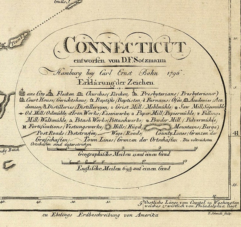May include: A vintage map of Connecticut, drawn by D.F. Sotzmann in 1796. The map features a key with symbols for cities, towns, churches, and other landmarks. The map is titled "CONNECTICUT" and is surrounded by a decorative border.