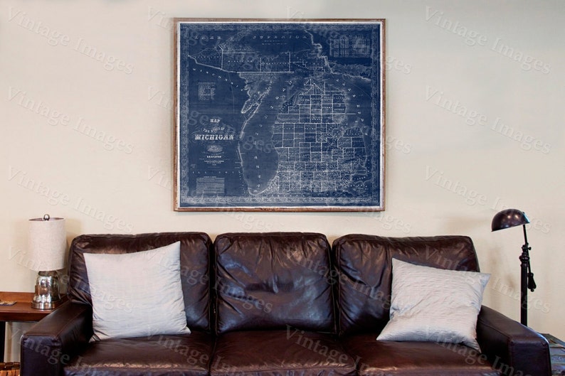 Michigan map, vintage 1856 old map of Michigan, Old Antique Restoration Decor Blueprint Style wall Map, Lake Michigan map. Fine Art Map image 4