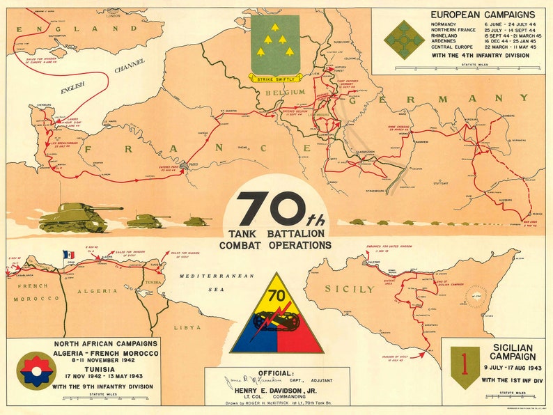 May include: A map showing the combat operations of the 70th Tank Battalion during World War II. The map shows the battalion's movements in North Africa, Europe, and Sicily. The map is titled "70th Tank Battalion Combat Operations".