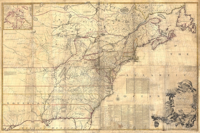 May include: An antique map of North America, showing the territories of the British, French, and Spanish empires. The map is hand-drawn and features intricate details, including rivers, mountains, and cities. The map is dated 1760 and is a valuable historical artifact.