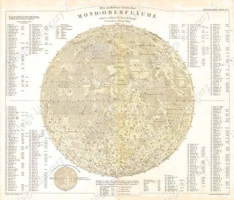 Giant Vintage Historic Perthes 1880 Map Of The Moon Old Antique Lunar Map Restoration decor map style Fine Art Print Giclee Poster eclipse image 1