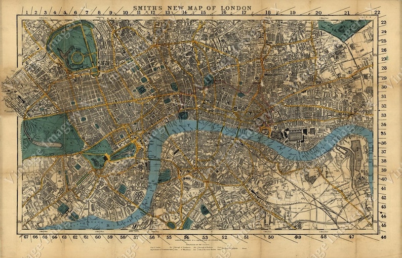May include: An antique map of London, England, printed on aged paper. The map shows the city's streets, parks, and the River Thames. The map is titled "Smith's New Map of London".